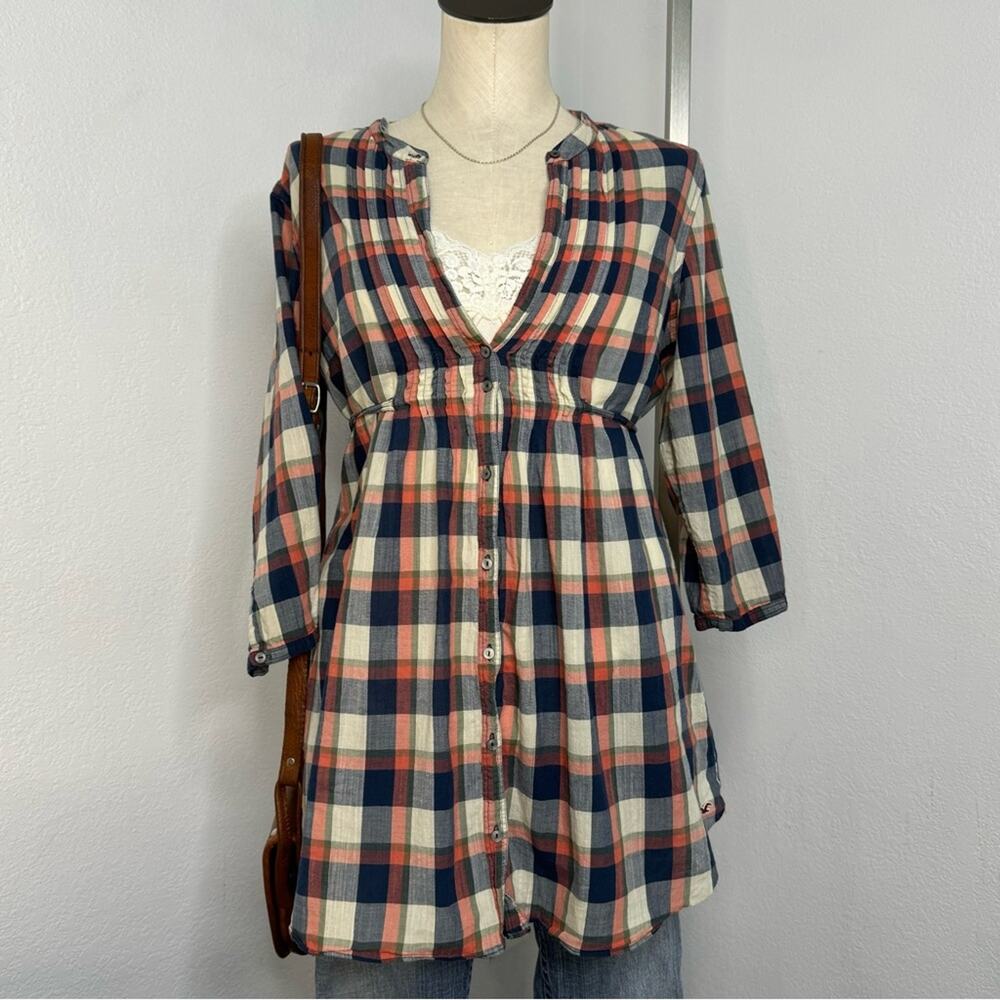 Y2K Hollister Plaid Baby Doll Tie Tunic Top Cali Sheer Bella